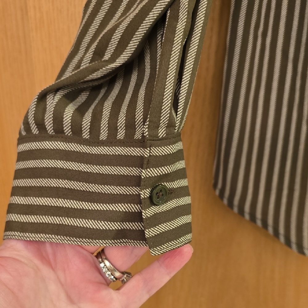 Olive Green and White Casual Button Down Shirt with Stripes - Picture 2 of 7